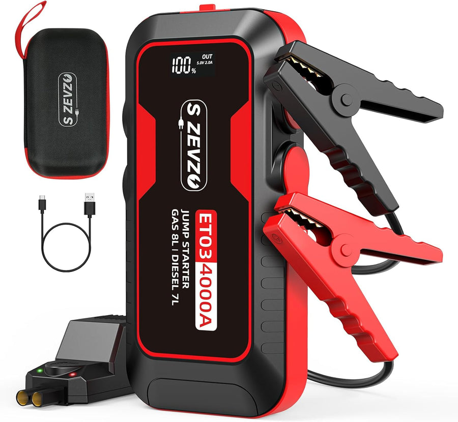 S ZEVZO ET03 Car Jump Starter 4000A Jump Starter Battery Pack for Up to 8.0L Gas and 7.0L Diesel Engines, 74Wh Portable 12V Jump Box with USB Ports, LCD Display, Storage Case, and LED Light