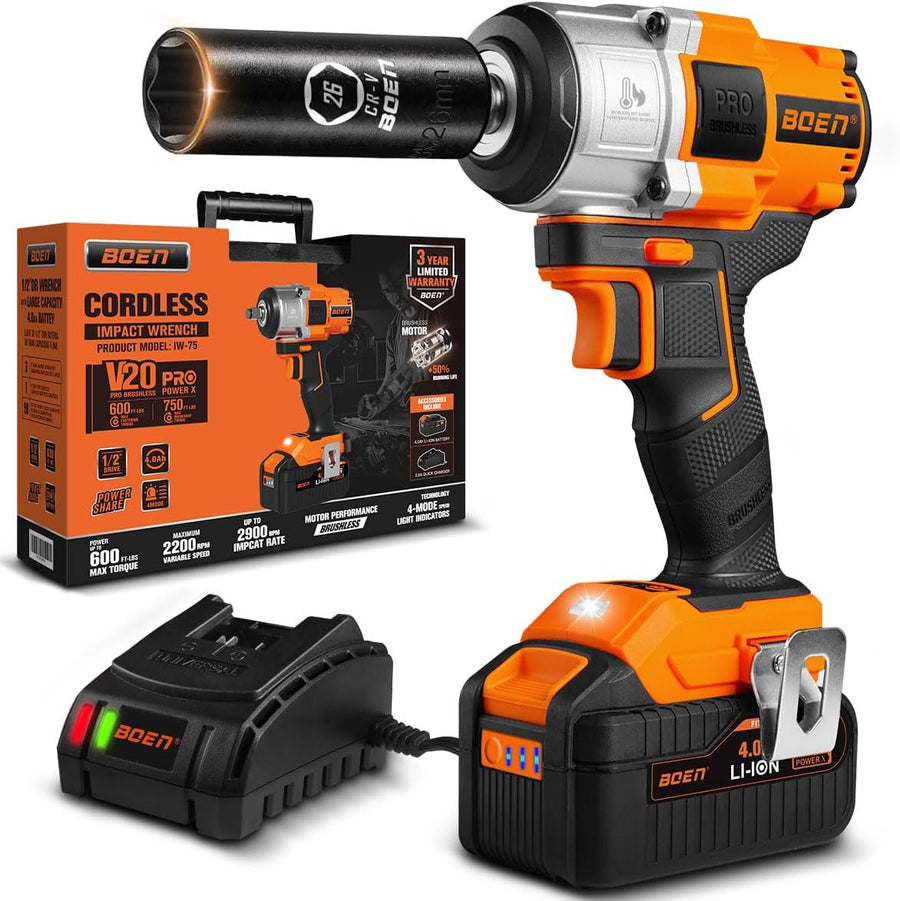 boen Cordless Impact Wrench 1/2 inch, 600FT-LBS(800N.m), Brushless Electric Impact Wrench, 2200RPM High Torque Impact Gun for Car Home, Includes 4.0Ah Battery×1, Charger, IW-75