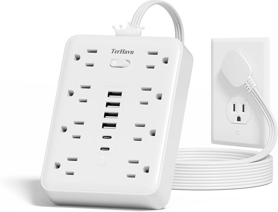 Surge Protector Power Strip, 8AC+6USB 17W, 5FT Flat Plug, 15A/1875W, White