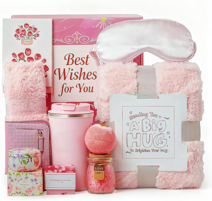 Birthday Gifts for Women Self Care Gifts Get Well Soon Gifts Basket, Gift Baskets for Women Care Package Relaxing Spa Gifts Thinking of You Gift Her Fantasy Box for Mom Her Friend Sister Wife (Pink)