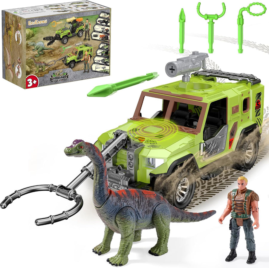 EKU Dinosaur Toys Truck with 10 Sounds, Interactive Brachiosaurus, 15ft Launch, Dino Capture Rescue Fork, Human, Christmas Birthday Gifts for Jurassic World Adventure Set Role Play Boys Girls 3+
