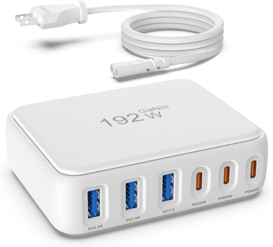 Fast Charging Station, USB C Charger Block, 65W GaN Power Adapter for Laptops, Standard Charge for Phones/Tablets, 6 Port Compatible with MacBook/iPhone 17/iPad/Samsung