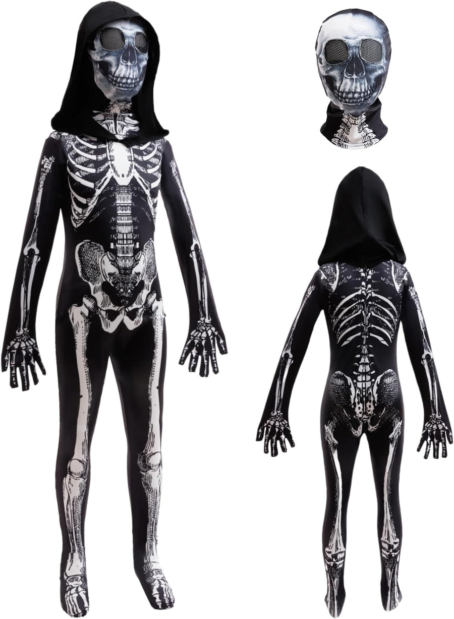 BanKids Halloween Skeleton Costume Kids Scary Skeleton Jumpsuit Onesie Dress up with Hood and Mask 3-10Years