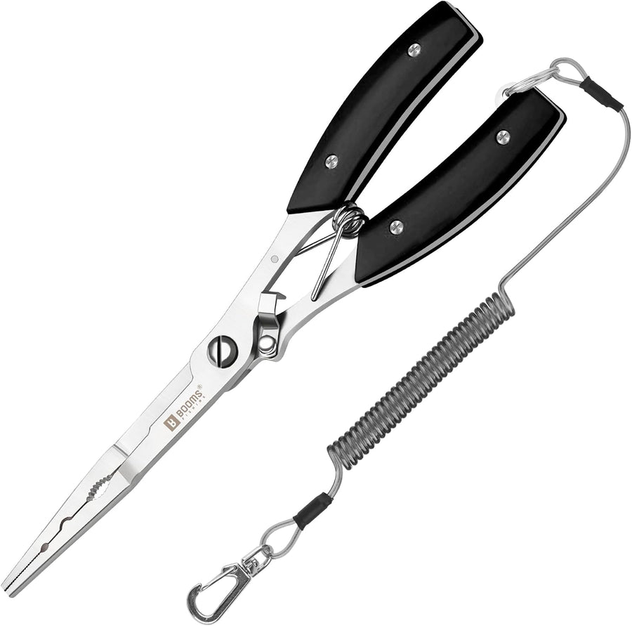 Booms Fishing Hook Remover Pliers, Long Nose, Braid Cutter, Lanyard, Black