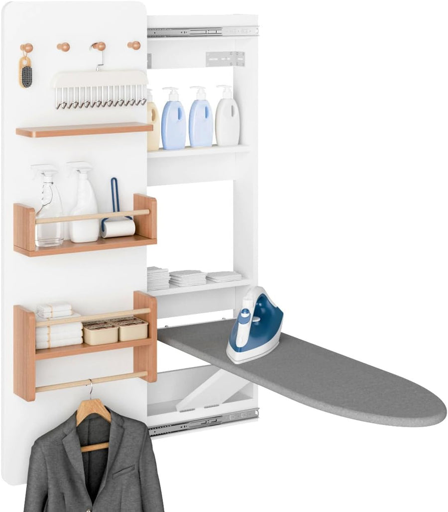 Wall Mounted Ironing Board Cabinet with Storage & Sliding Door (White)