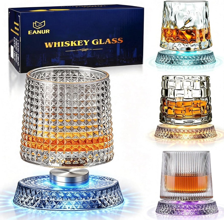 Spinning Whiskey Glasses with LED Lit-Up Bases, Set of 4, Gift Box