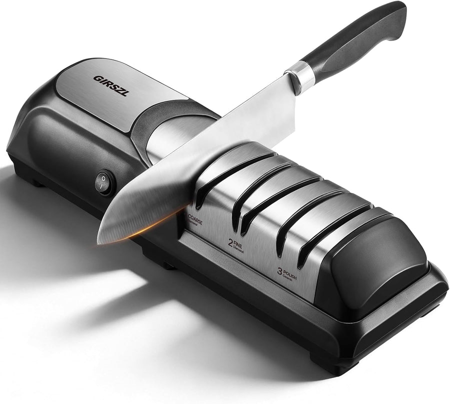 Electric Knife Sharpener: Kitchen Professional 3-Stage 100% Diamond Abrasives Knife Sharpeners with 15° Precision Angle Electric Steel Sharpening Tool to Restore/Polish Chef Knives