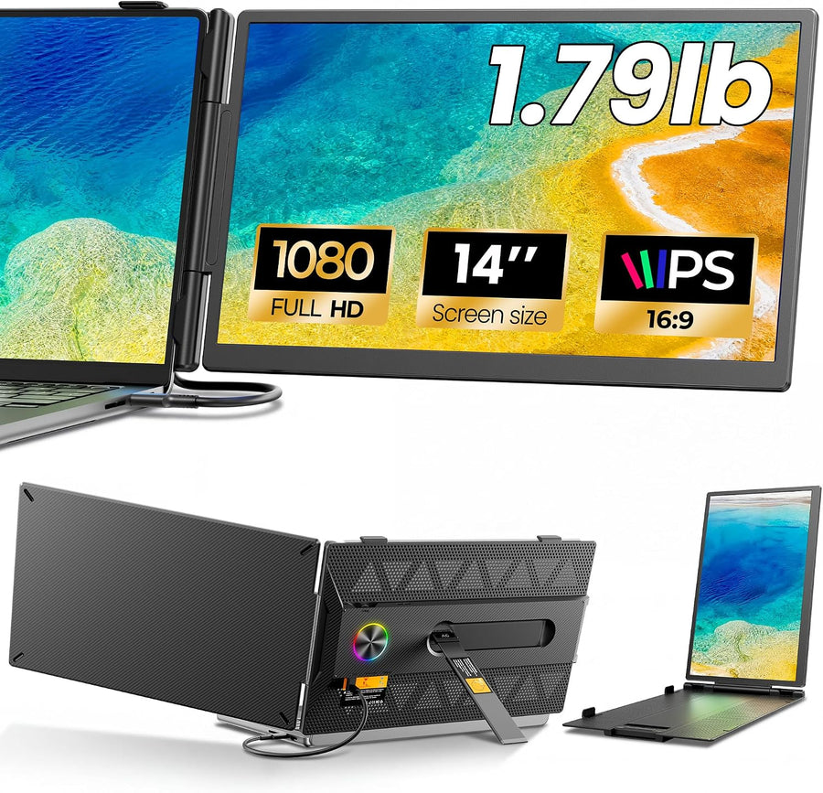 Laptop Screen Extender, 14" 1080P IPS Portable Monitor, Ultra-Slim, 1.79 lb