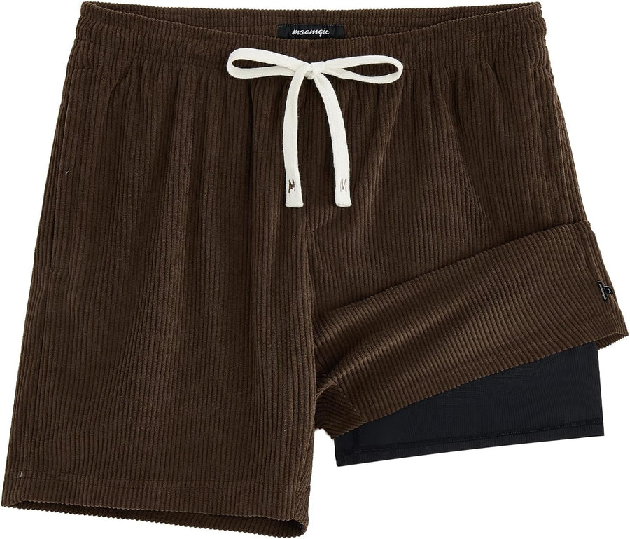 maamgic Men's Corduroy Shorts with Compression Liner Summer Beach Shorts