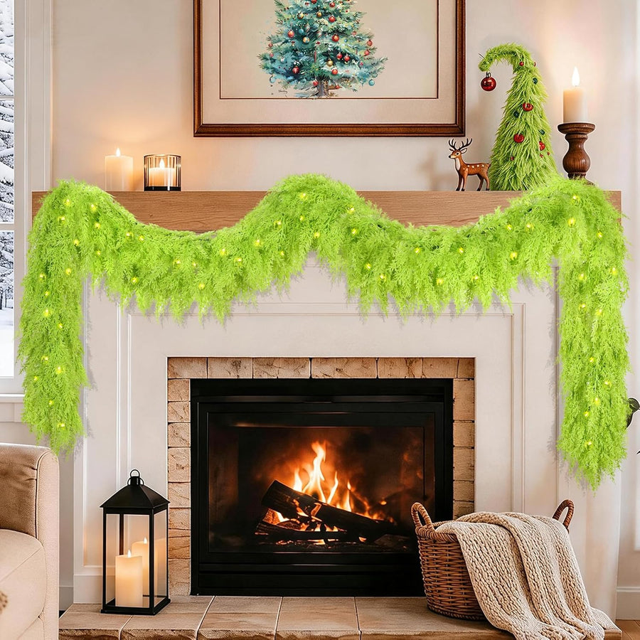 9FT Whimsical Christmas Cedar Garland for Mantel, Soft Touch with Lights