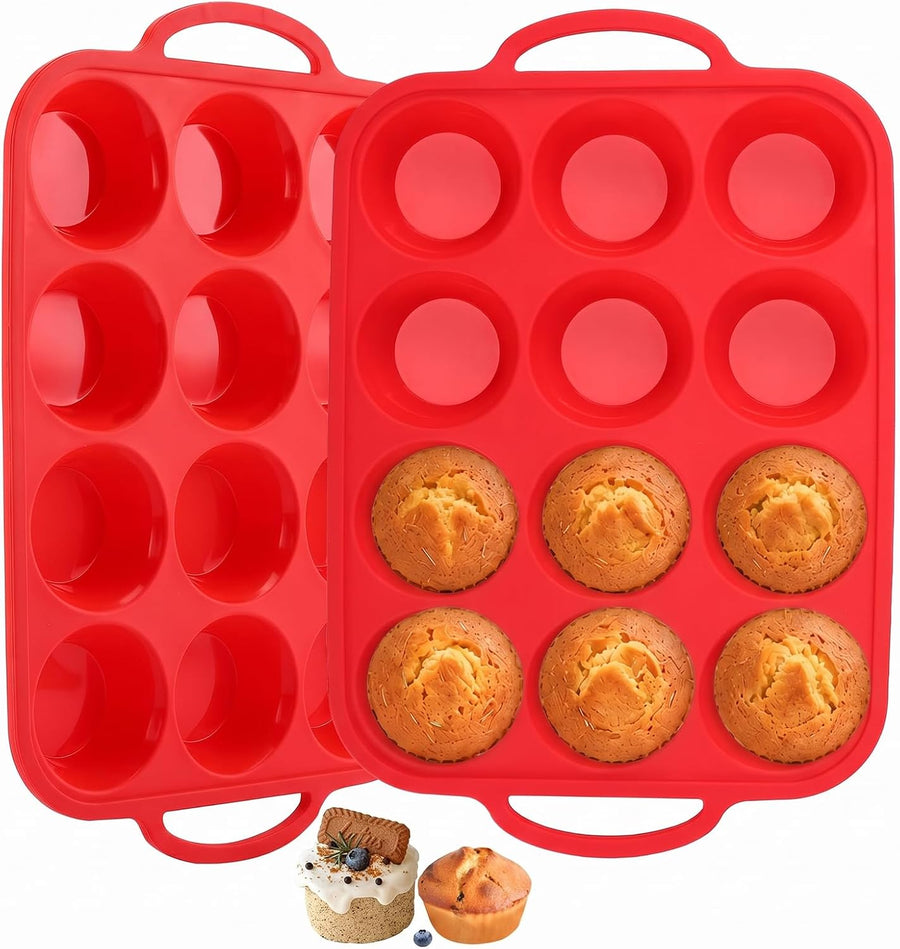 Redfly Silicone Muffin Pans for Baking 12-Cup Regular Size Cupcake Pan 2PCS