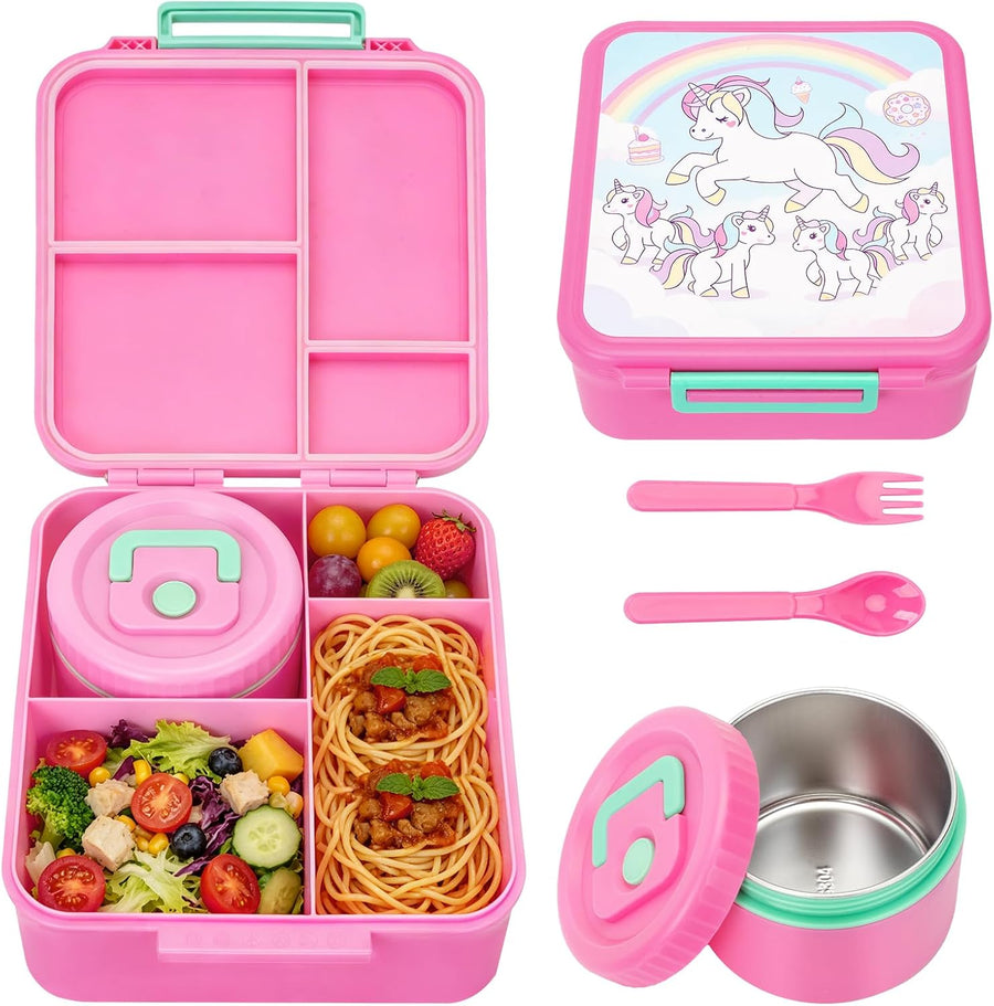 Kids Bento Lunch Box with 12oz Insulated Food Jar, 4-Compartment Lunch Box