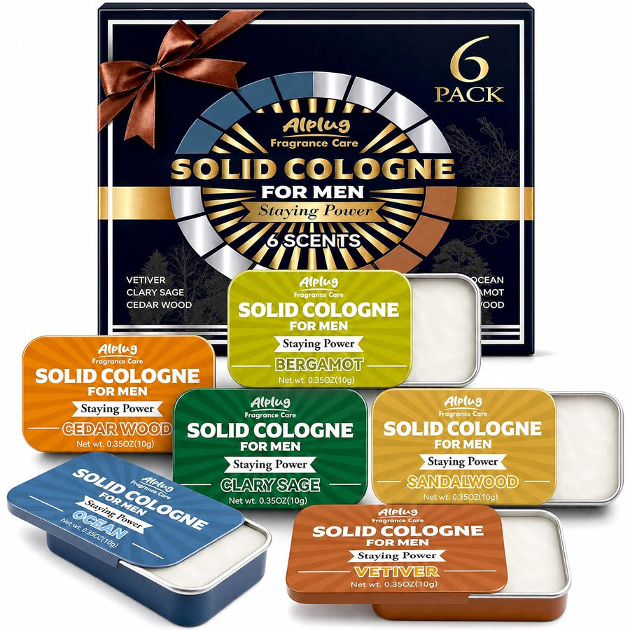6 Pack Solid Cologne Gifts for Men, Mens Gifts Cologne with Cedar Wood, Bergamot, Sandalwood, Clary Sage, Vetiver, Ocean Perfume, Stocking Stuffers for Men, Christmas Gift for Dad Husband Boyfriend