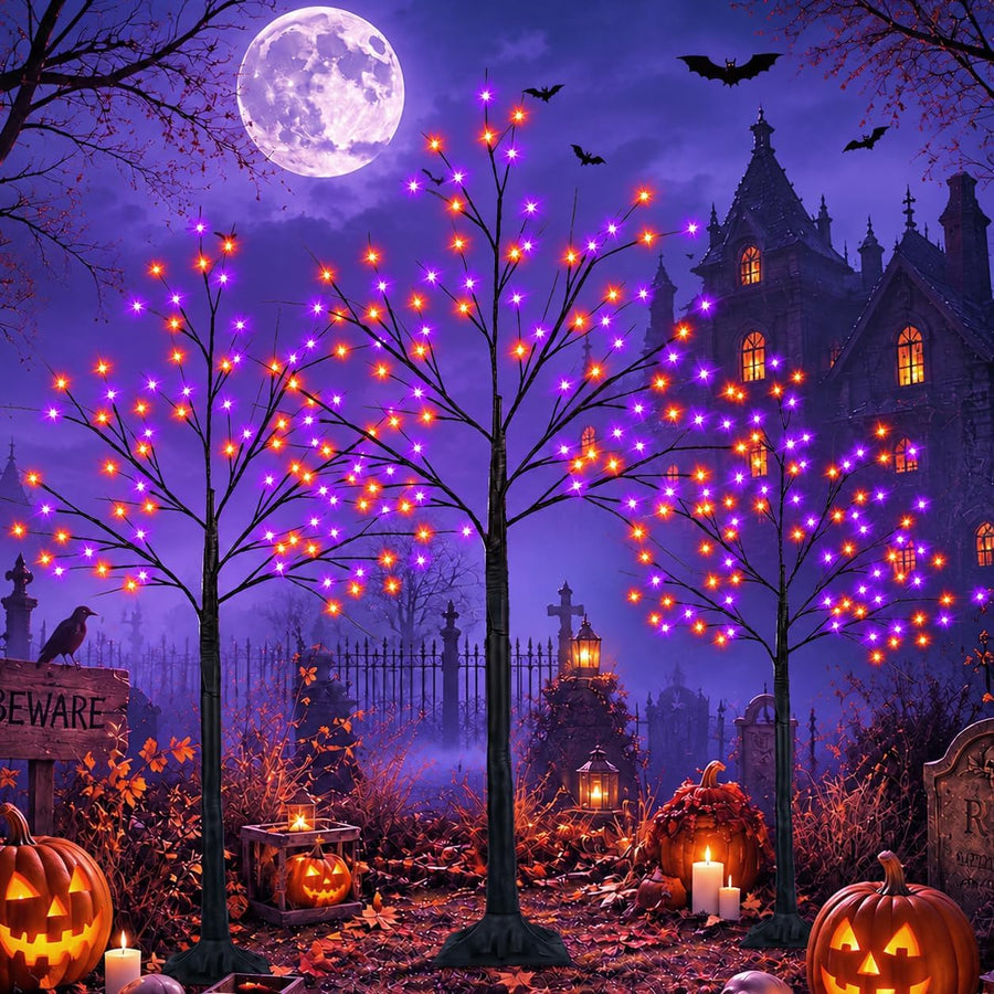 Black Halloween Tree with Purple and Orange Lights, 3Pack 4/5/6FT 300LED