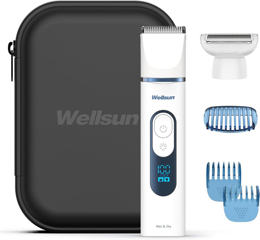 Wellsun Luma Flow Groin & Body Hair Trimmer, 2-in-1 Trimmer & Foil Shaver, Men’s Ball Shaver, Waterproof Wet/Dry Groomer with Travel Case, LED Light, for Pubic Hair, Underarms, Chest & Legs