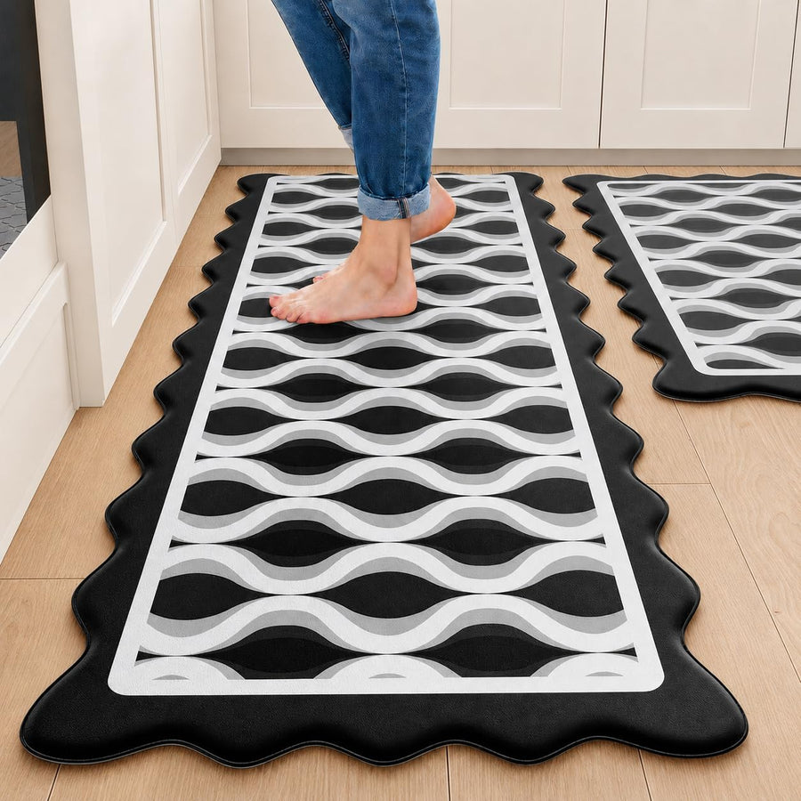 Scalloped Wavy Lattice Kitchen Mats for Floor, Black Kitchen Rugs