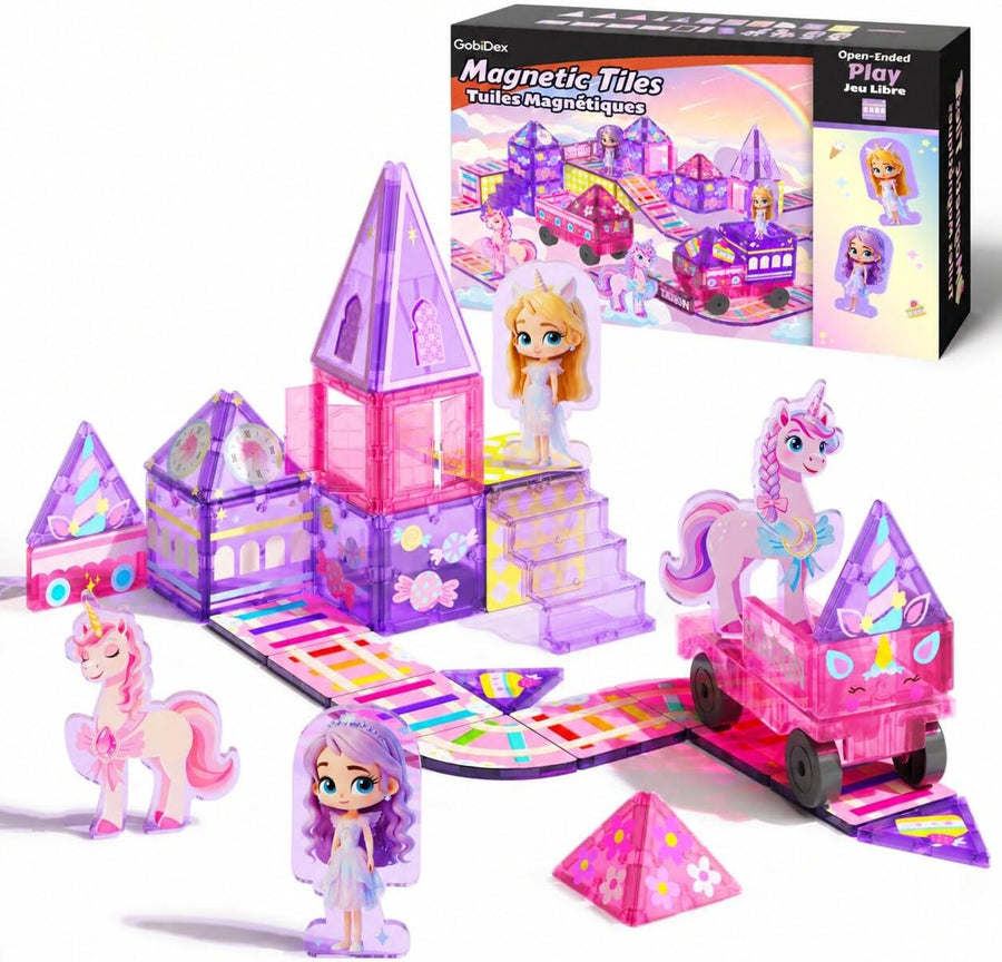 Magnetic Tiles Unicorn Toys with Train, 2 Princess & 2 Unicorns Figures