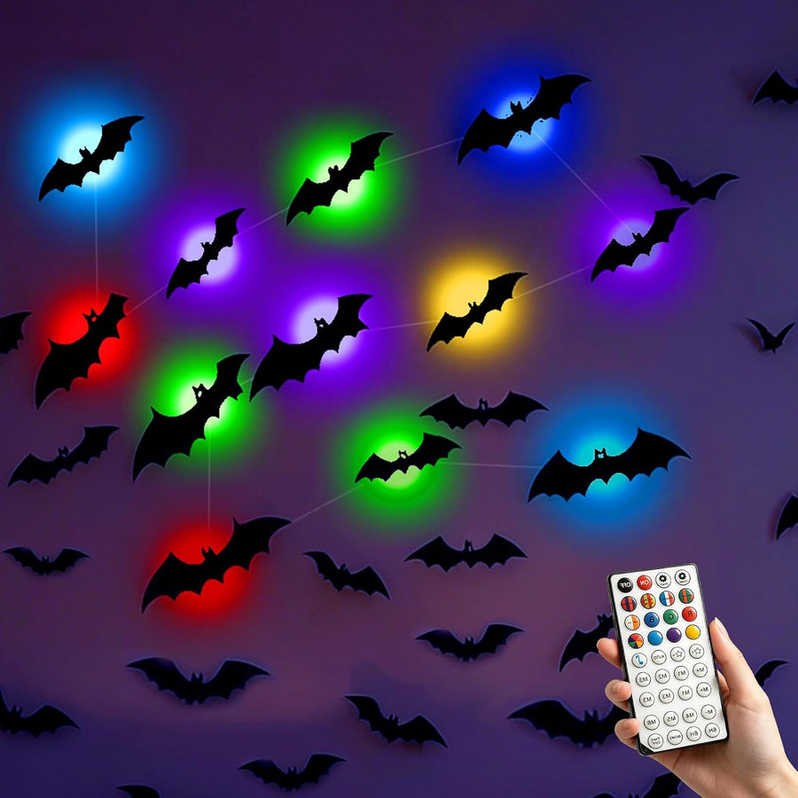 48PCS & 12 LED String Lights Halloween Bats Wall Decor,USB Powered Lighting