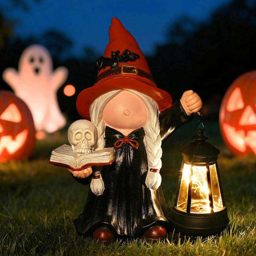 Halloween Witch Gnome Statue Decoration with Bat Hat, Solar Gnome Lady Outdoor Garden Porch Decor with Lantern, Halloween Spooky Cute Yard Art Ornament for Mom Women