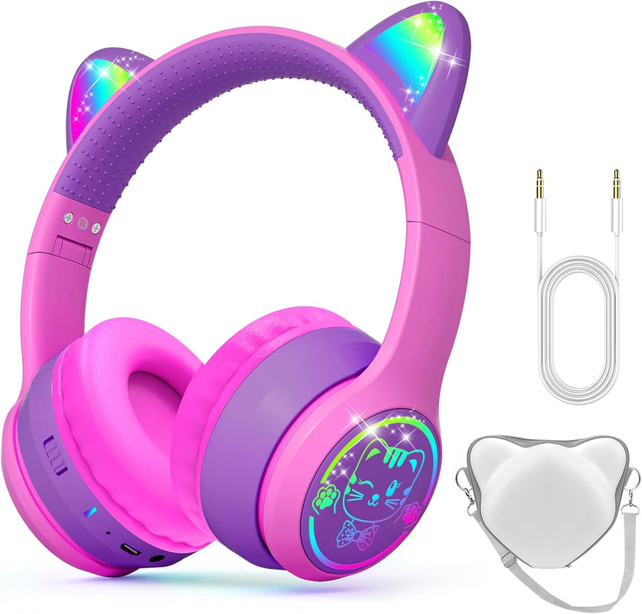Kids Wireless Headphones with Case,LED Light Up Cat Ear