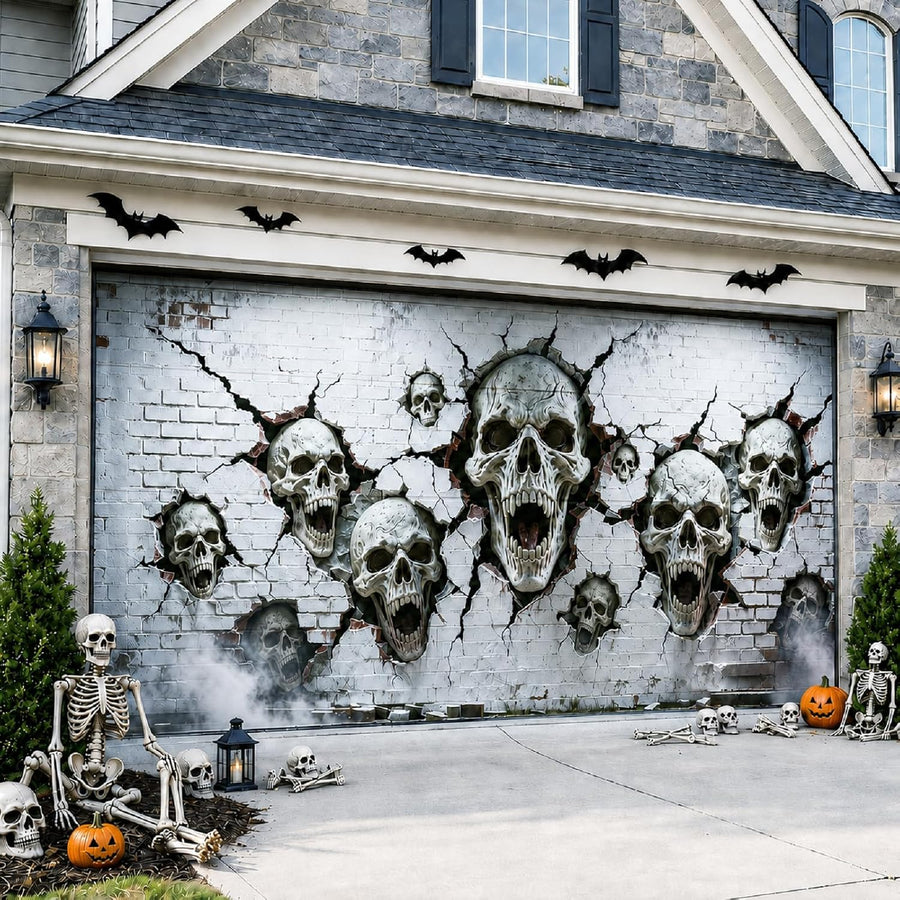 Halloween Garage Door Cover 16x7 FT, 3D Skeleton Garage Door Decoration
