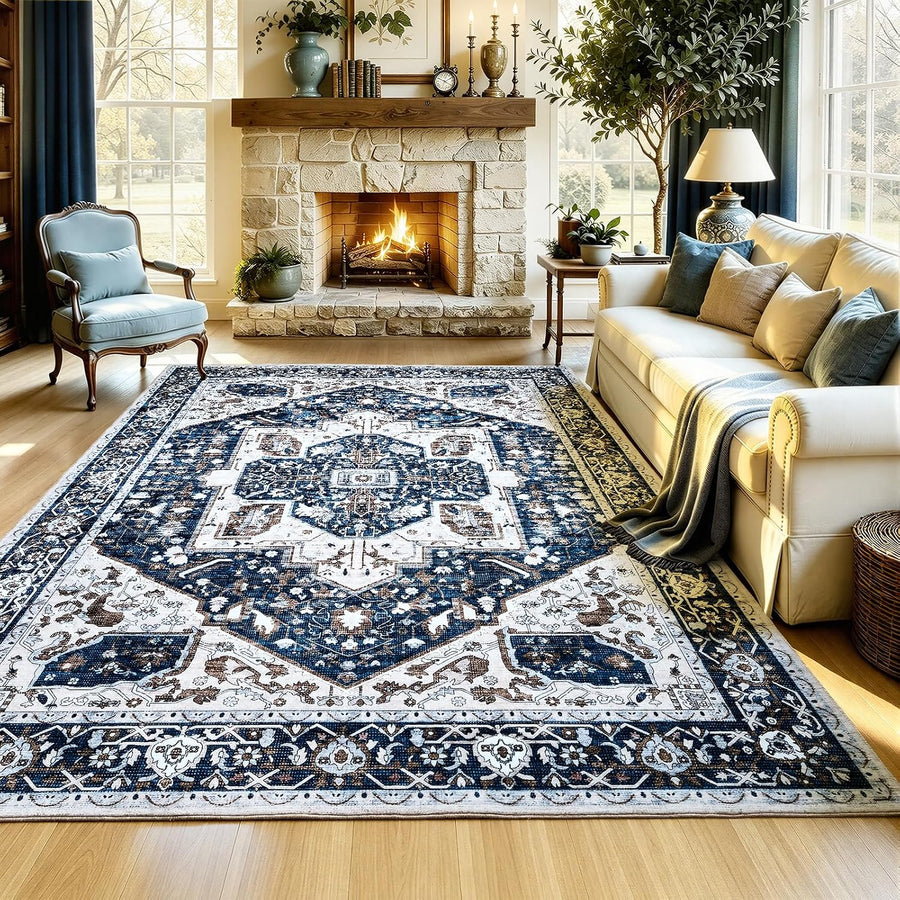 UKISS Washable Rugs Mats,Ultra Soft Faux Wool Memory Foam Rug for Bedroom, 5'x7' Non Slip Large Area Rugs for Living Room ,Low Pile Boho Carpets for Home Office,Blue