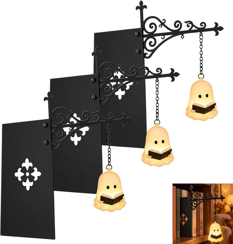 Library Lantern Mini Bookshelf Light, Decorative Book Nook Lamp that Slides Between Books, Warm Amber LED Bookcase Lighting, Battery Powered Book Lover Gift (Ghost Reader-3pcs)