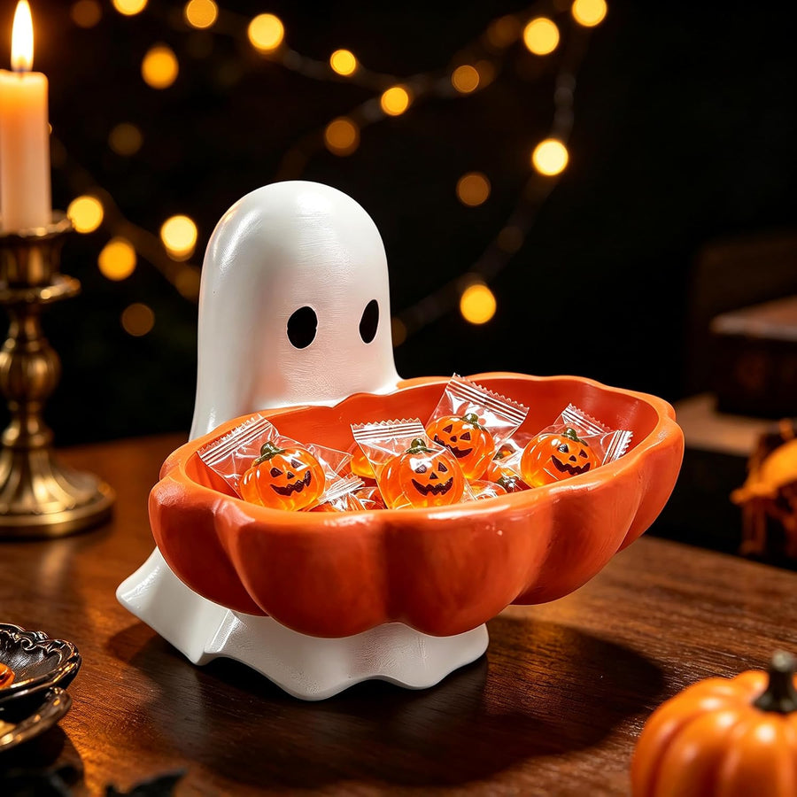 Halloween Ghost Candy Bowl Dish, Resin Fall Decor for Trick or Treat Party