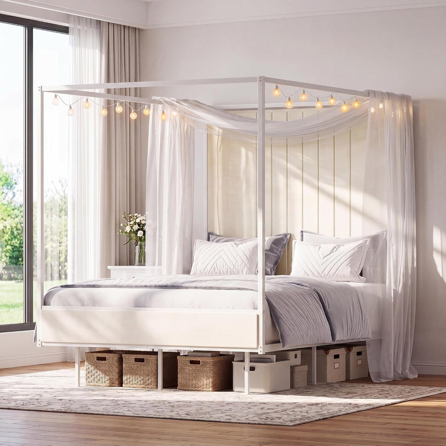 Full Canopy Bed Frame with Smart LED Lights & Built-In Charging Station