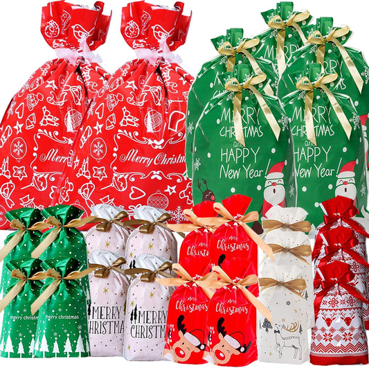 32PCS Christmas Gift Bags, Xmas Drawstring Gift Bags Assorted Sizes