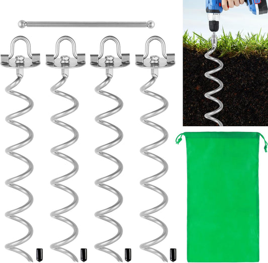 17.5 Inch Ground Anchors Screw in, Metal Spiral Earth Anchors Kit, Heavy Duty Folding Ring Spiral Stake with Straps, Ground Stakes for Tent Trampolines, Sheds, Swings (Silver, 17.5 Inch)