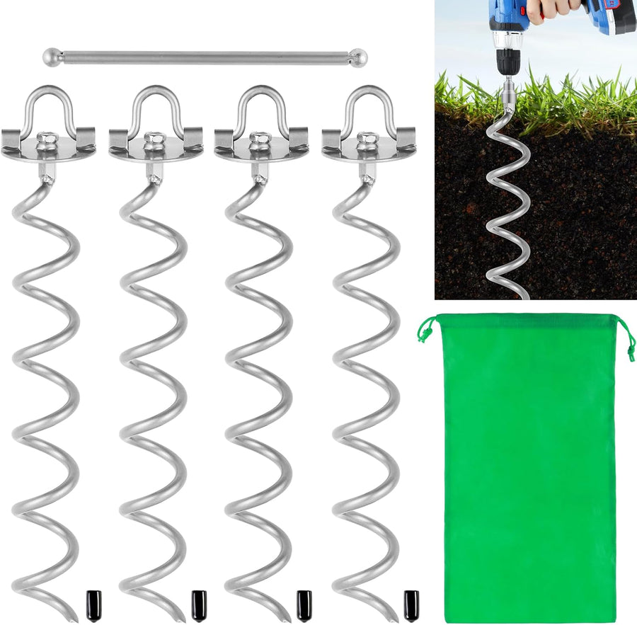 17.5 Inch Ground Anchors Screw in, Metal Spiral Earth Anchors Kit, Heavy Duty Folding Ring Spiral Stake with Straps, Ground Stakes for Tent Trampolines, Sheds, Swings (Silver, 17.5 Inch)