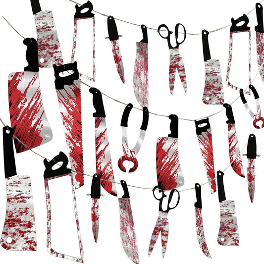 32PCS Halloween Bloody Garland Banner Halloween Props Decorations Zombie Vampire Halloween Party Decorations Supplies Haunted House Bar Office Home Indoor Outdoor Décor Weapons Hanging Banners