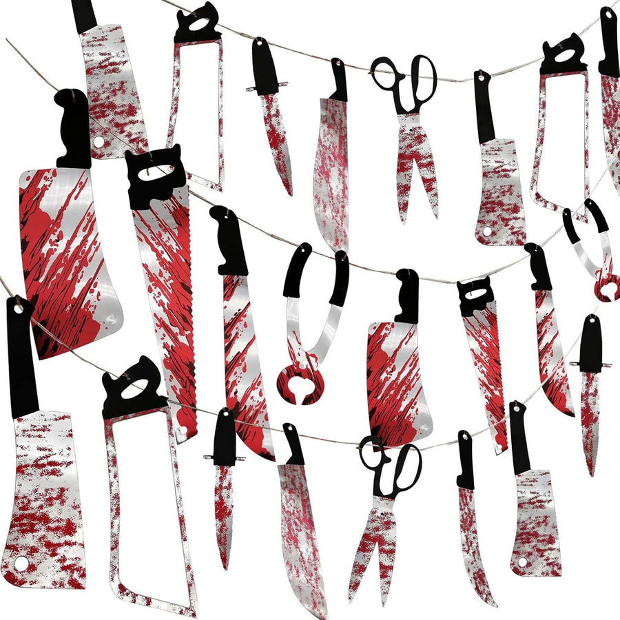 32PCS Halloween Bloody Garland Banner Halloween Props Decorations Zombie Vampire Halloween Party Decorations Supplies Haunted House Bar Office Home Indoor Outdoor Décor Weapons Hanging Banners