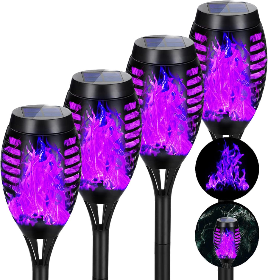 Purple Halloween Solar Lights Outdoor with Flickering Flame, 4 Pack