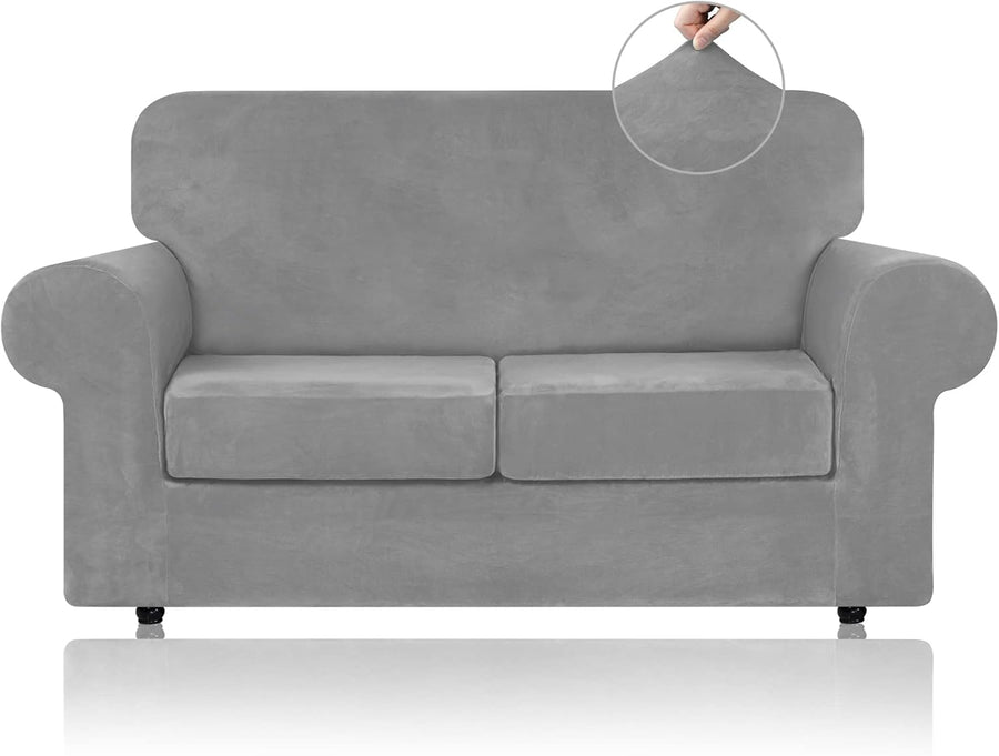 WEERRW Velvet Stretch 3 Pieces Couch Cover for Sofa Washable, Silver Grey