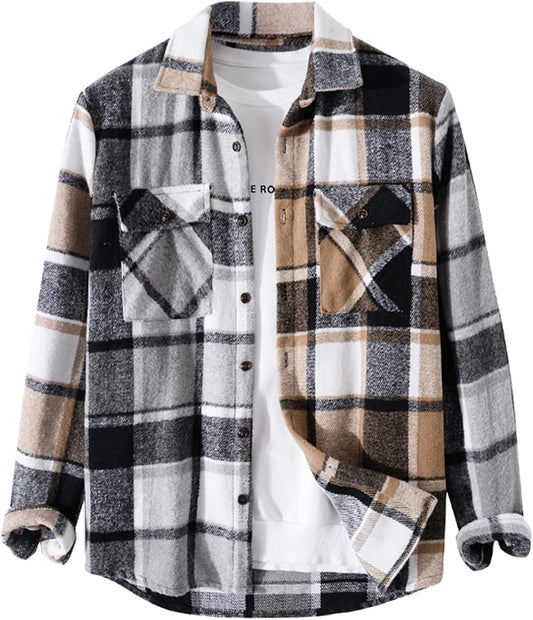 ZAFUL Unisex Plaid Flannel Shirt Jacket Button Down Long Sleeve Pocket Coat Outwear