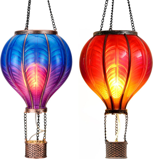 TERESA'S COLLECTIONS 2 Pcs Hot Air Balloon Solar Lantern Outdoor Garden Decor, Waterproof Hanging Solar Lantern with Flickering Flame Light for Yard Tree,Gift for Mom Lovers,18"