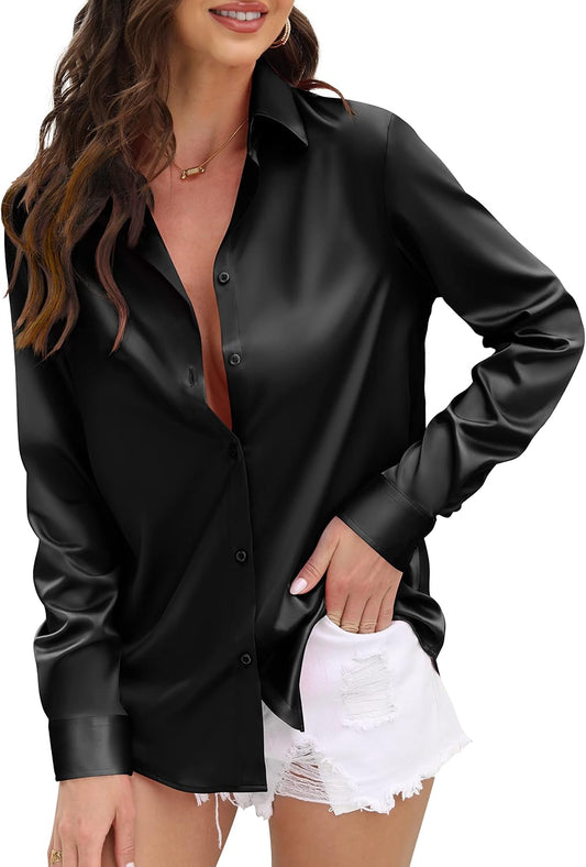 CUNLIN Womens Soft Satin Silk Leopard Button Down Shirts for Women Silky Long Sleeve Work Shirt Dress Blouses Tops