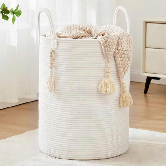 Fiona's magic Woven Laundry Hamper, 72L Tall Blanket Storage-White