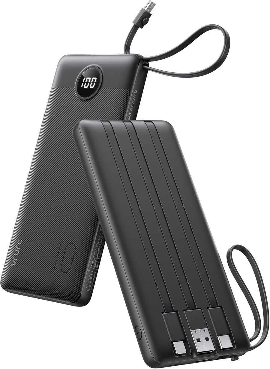 VRURC Portable Charger, Built in 4 Cables & Lanyard Power Bank 10000mAh