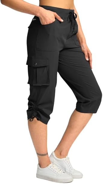 Pudolla Women's Cargo Capri Pants Hiking Travel Casual Capris with 5 Pocket