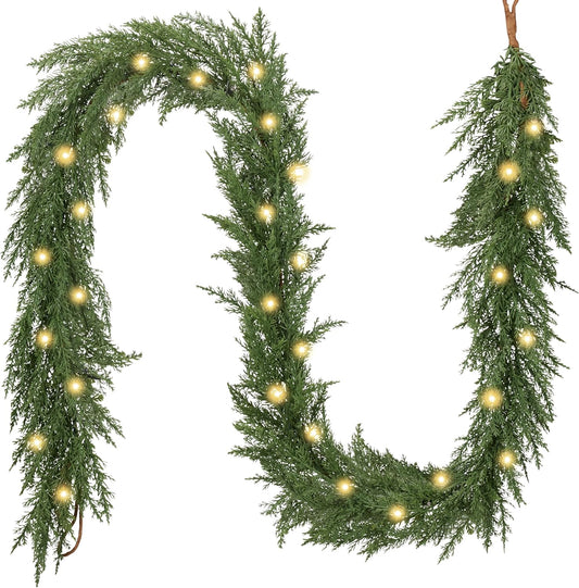 Valery Madelyn 6 Ft Artificial Norfolk Pine Garland for Mantle, Real Tough Christmas Cedar Garland with Light, Lighted Winter Pine Branches for Home Stairs Fireplace Table Indoor Outdoor Holiday Decor