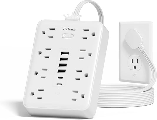 Surge Protector Power Strip, 8AC+6USB 17W, 5FT Flat Plug, 15A/1875W, White