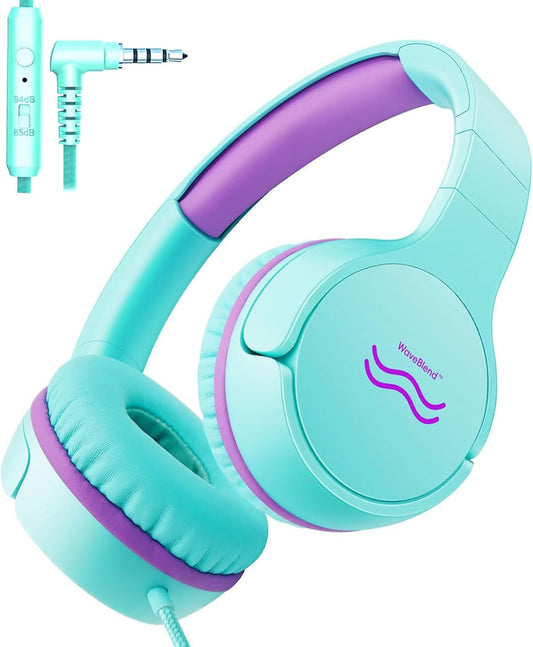 Wired Kids Headphones with Mic, 85/94dB Safe Volume Control, Foldable On-Ear Headset for School, Travel, Tablet & Laptop, 3.5mm Jack, Green & Purple