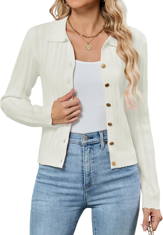 ZAFUL Cropped Cardigan Sweaters for Women 2025 Collared Button Down Long Sleeve Crochet Knit Shrugs Fall Outfits Clothes