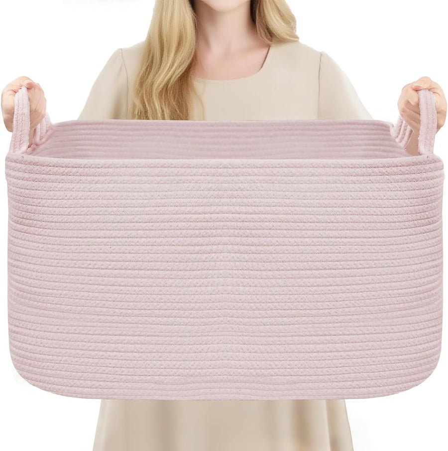 YOUDENOVA Large Blanket Basket, Rectangle Cotton Rope Storage Basket, Pink