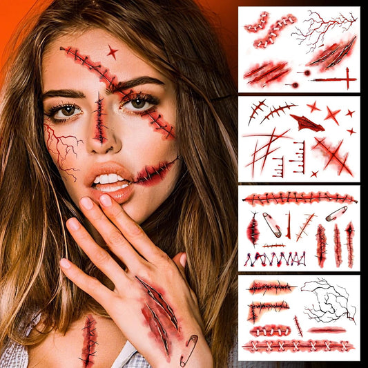 Halloween Zombies Fake Scars Temporary Tattoos, Makeup Kit for Adults