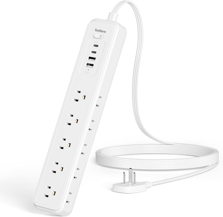 Power Strip Surge Protector,15 Outlets 4 USB 2 USB-C,5Ft Flat Plug,White