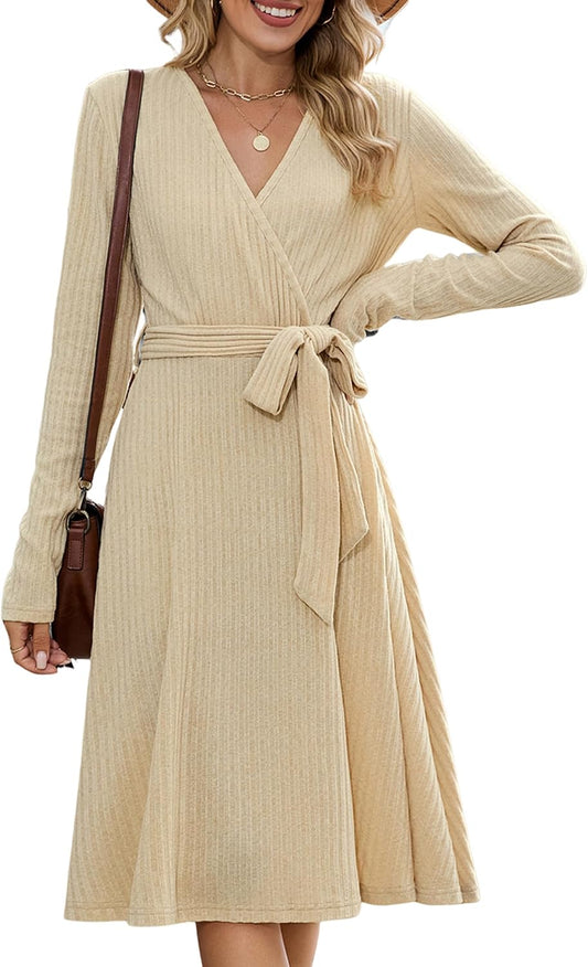 Women's Fall Long Sleeve Wrap V Neck Ribbed Knit Pleated Midi Sweater Dress